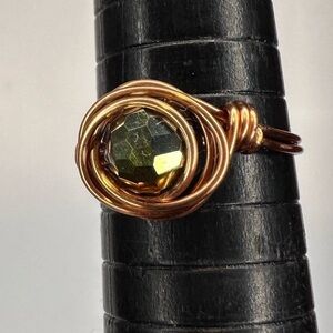 Green yellow disco ball ring handmade copper wire wrap